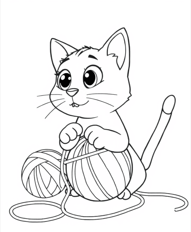 Cat with Yarn - Free printable coloring page for kids