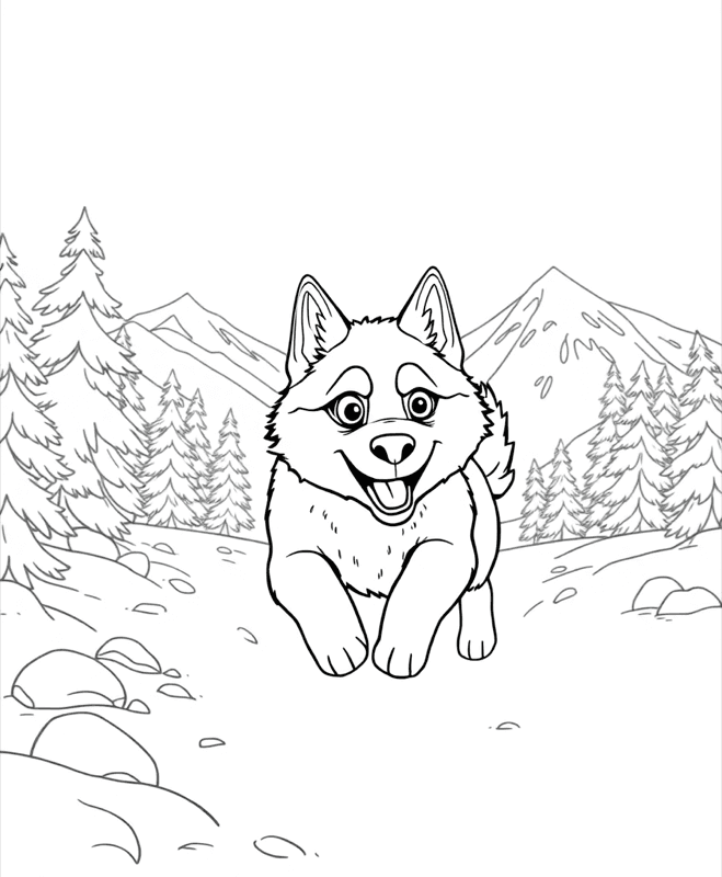 Husky in the Snow - Free printable coloring page for kids