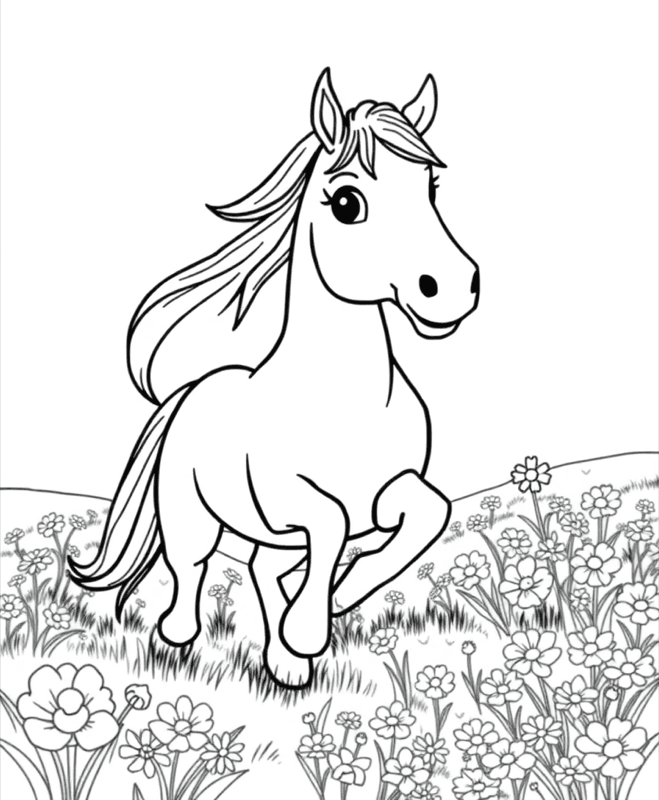 Horse in a Meadow - Free printable coloring page for kids
