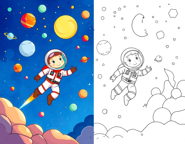Child astronaut in space - half colorful painting, half coloring book line art