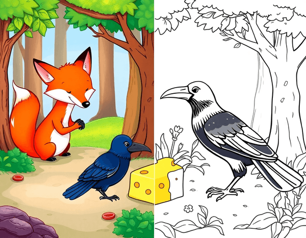 Fox and crow fable scene - half colorful painting, half coloring book line art
