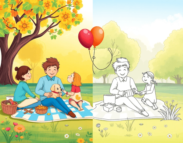 Family picnic scene - half colorful painting, half coloring book line art