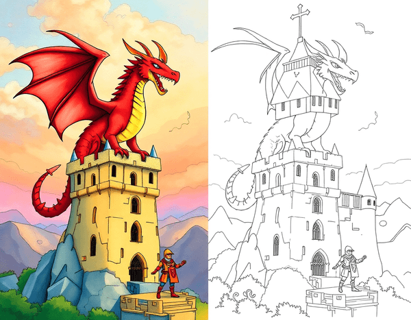 Dragon and knight scene - half colorful painting, half coloring book line art