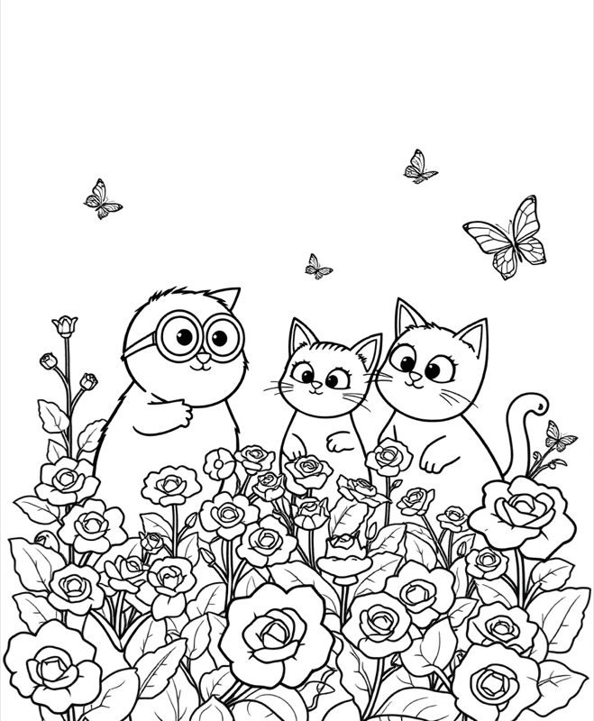 Cats in the Garden - Free printable coloring page for kids