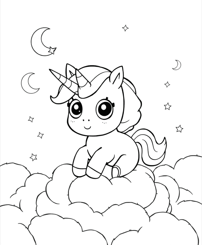 Baby Unicorn in the Clouds - Free printable coloring page for kids