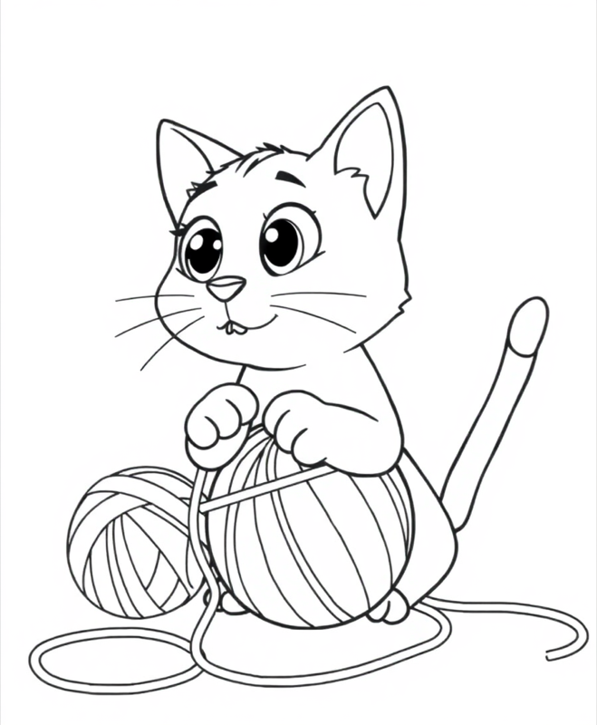 Cat with Yarn - Free printable coloring page