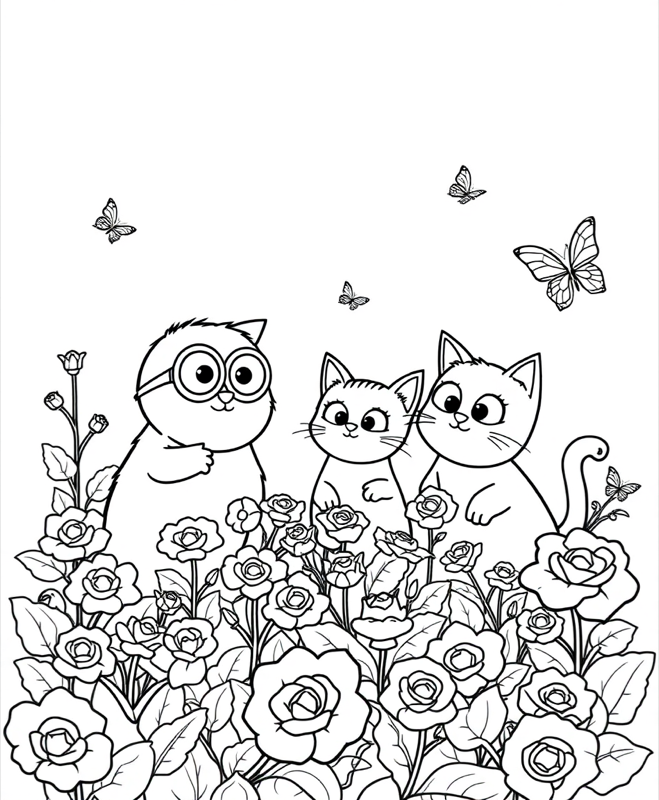 Cats in the Garden - Free printable coloring page