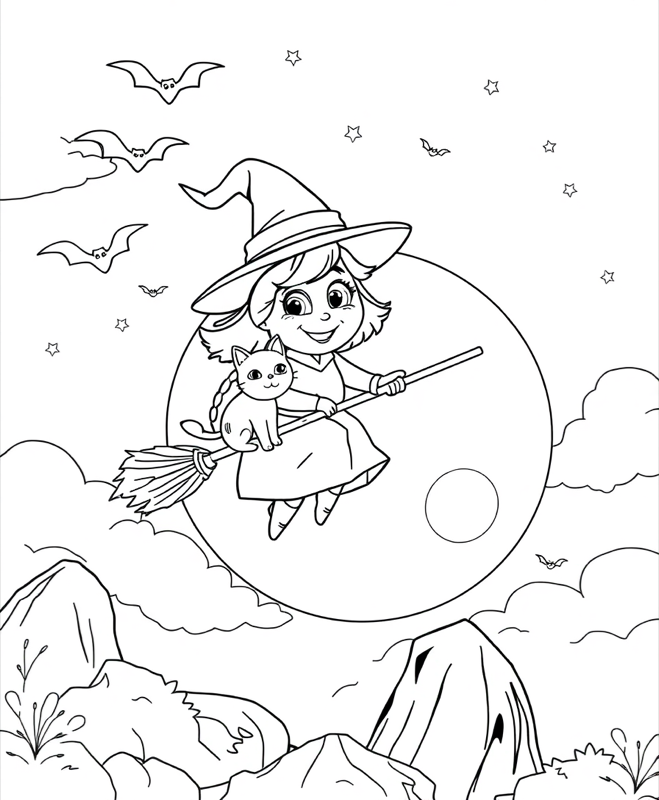 Witch on a Broomstick - Free printable coloring page